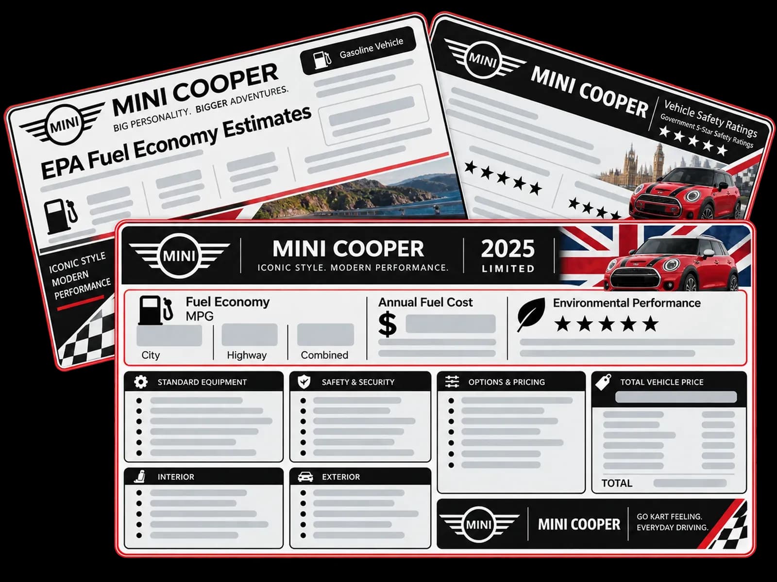 MINI Cooper window sticker sample showing EPA fuel economy, safety ratings and factory equipment